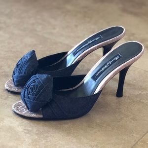 Beverly Feldman heels with denim flower detail.